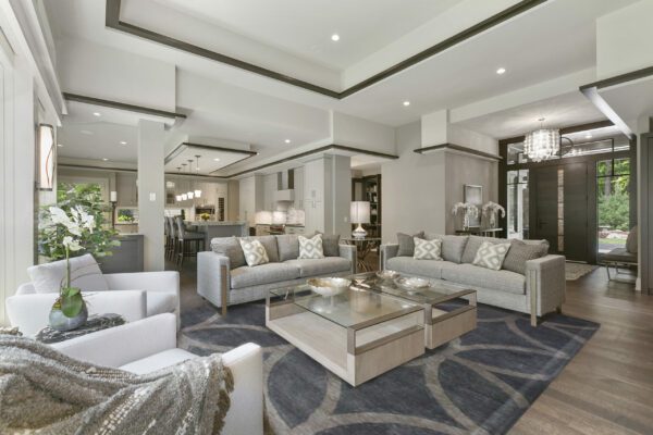 Modern furniture and decor in an open concept floor plan