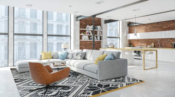 3d rendering. loft apartment with living room and kitchen.