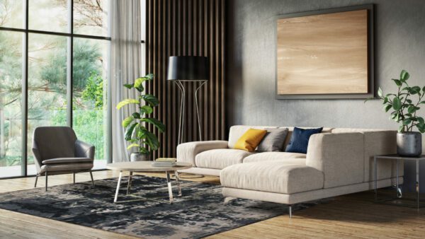 Scandinavian interior design living room 3d render with gray colored furniture and wooden elements