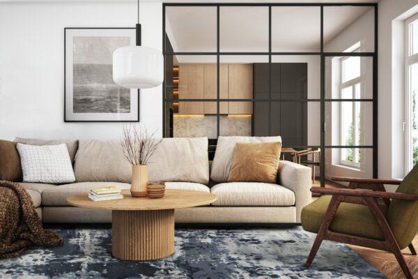 Living room 3d render with beige and green colored furniture and wooden elements