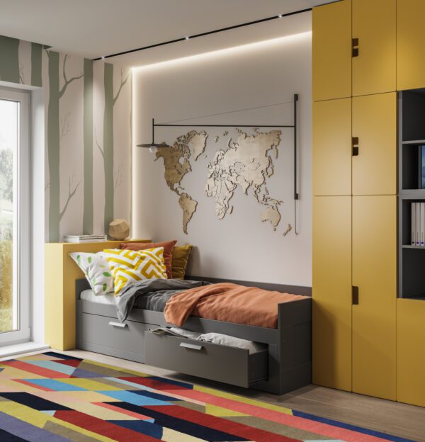 Computer generated image of a children room with a single bed. 3D rendering of a children room interior.