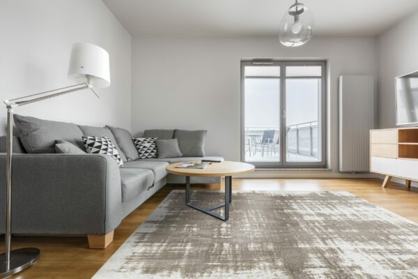Modern, grey and white living room with stylish sofa, carpet, lamp, round table and tv