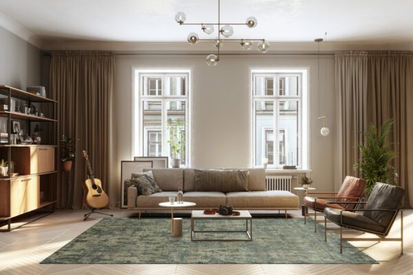 Large luxury modern interiors of a living room. 3D rendering computer digitally generated image of fully furnished living room.