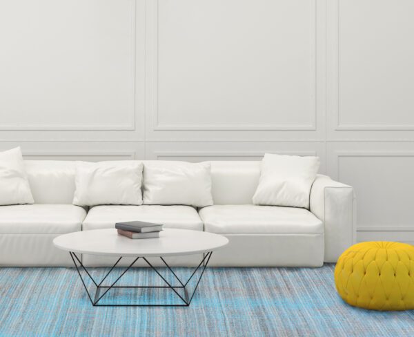 Dining room design with blue trendy chairs on empty background