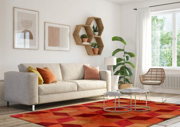Bohemian living room interior 3d render with  beige colored furniture and wooden elements