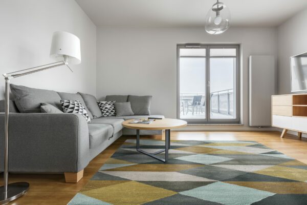 Modern, grey and white living room with stylish sofa, carpet, lamp, round table and tv
