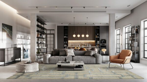 Computer generated image of a luxurious and modern living room interiors. 3D Rendering of a full furnished living Room.