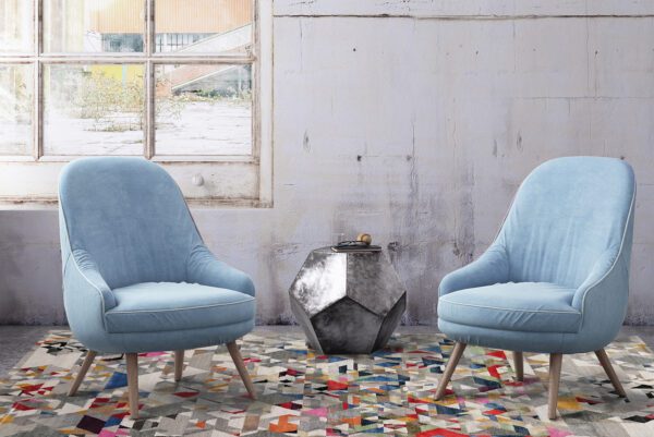 Interior render with pastel armchairs and blank wall for copy space. coffee table and window. background mock up template