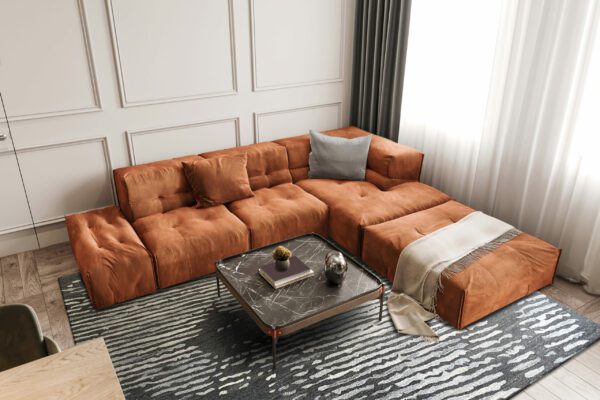 Orange colored sofa inside of modern living room interior. Render