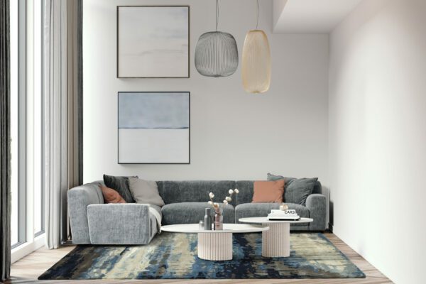 Living room interior with gray sofa, carpet and white coffee tables on the floor. Render image.
