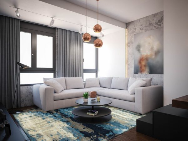 Interior Design. Architecture. Computer generated image of living room. Architectural Visualization. 3D rendering.