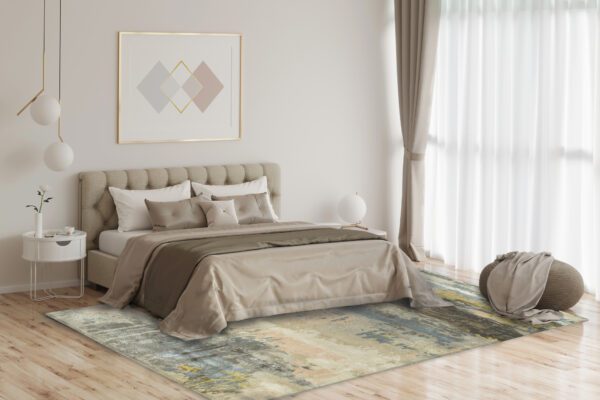 3d illustration. Cozy bedroom in warm colors with painting, a nightstand, a pouf, and a plaid
