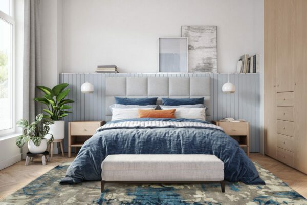 Bedroom interior with wooden furniture, 3d render