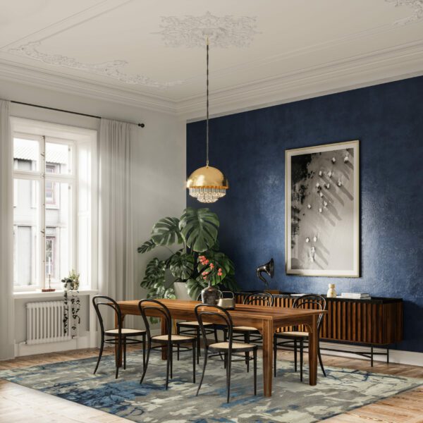 3D render of an elegant dining table in a modern home. Wooden dining table with six chairs and hanging electric lamp.