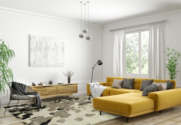 Modern interior design of Scandinavian apartment, living room with yellow sofa, sideboard and black armchair 3d rendering