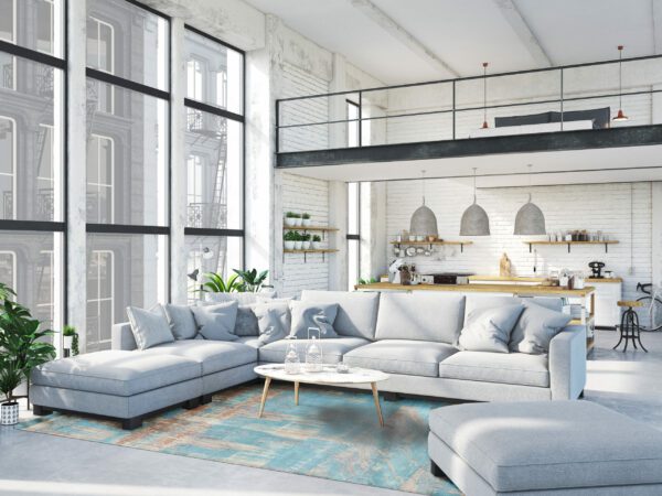 3d rendering. loft apartment with living room and kitchen.