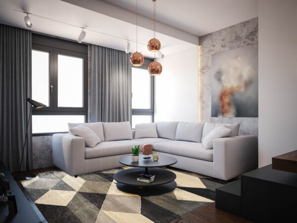 Interior Design. Architecture. Computer generated image of living room. Architectural Visualization. 3D rendering.