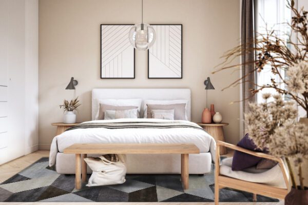 Bedroom interior with wooden furniture, 3d render