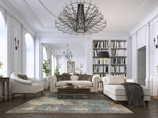 Luxury classic interior of living room and dining room with white furniture and metal chandeliers. 3d illustration