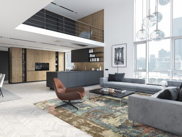 3d rendering. loft apartment with living room and kitchen.