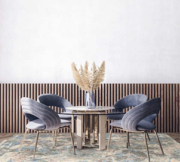 Dining room design with blue trendy chairs on empty background