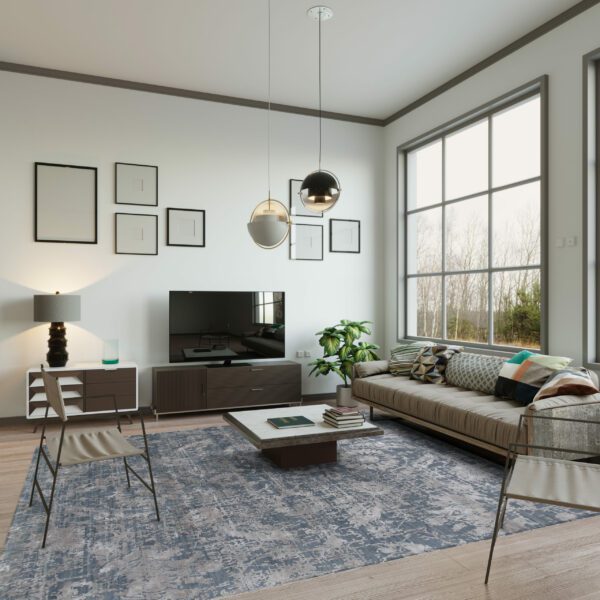 Scandinavian style designed living room interior scene on stormy weather. ( 3d render )