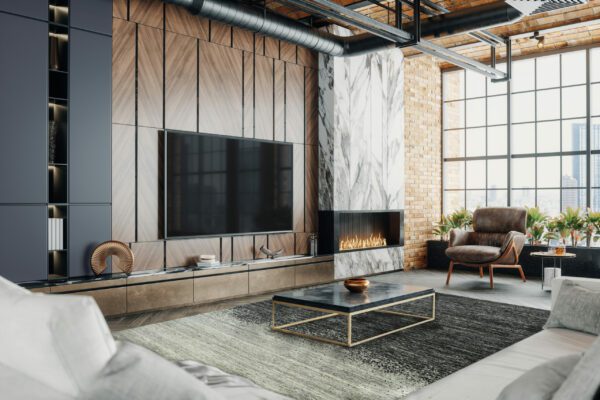 Interior of a luxury loft living room with city view.