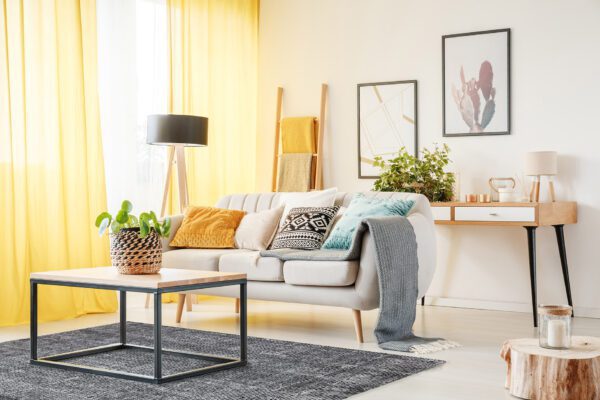 Plant on table and lamp in warm living room with yellow curtains, posters and pillows on sofa