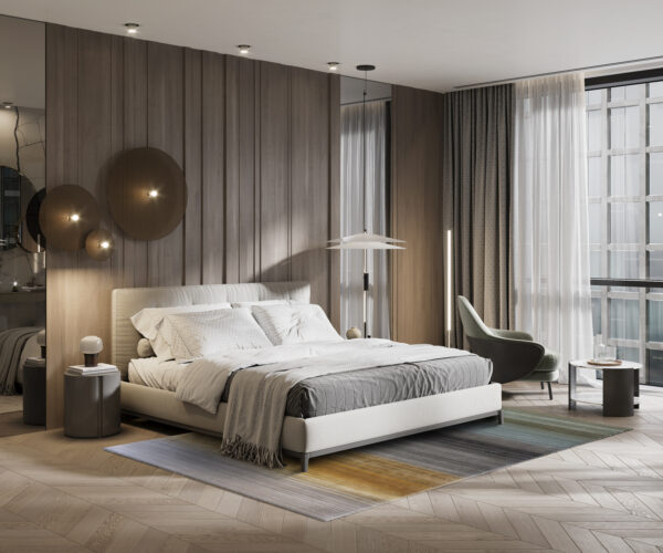 3D rendering of large bedroom in hotel suite. Computer generated image of a luxurious and elegant bedroom interior.