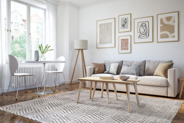 Scandinavian interior design living room 3d render with beige and brown colored furniture and wooden elements