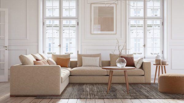 Scandinavian interior design living room 3d render with beige colored furniture and wooden elements