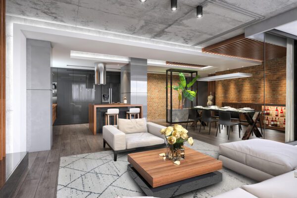 Modern hipster apartment interior, living room with large sofa, seat, coffee table, decorative rug, with dining room and kitchen in the background.