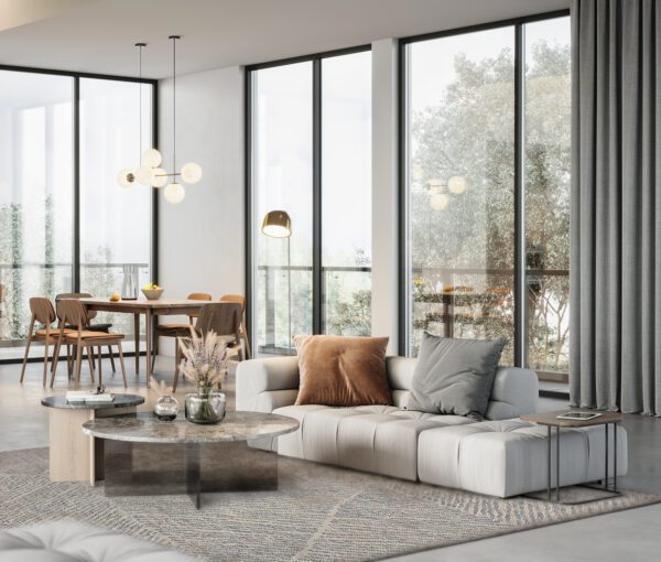 Luxurious modern interiors of a living room. 3D rendering of the furnished living room of an apartment.