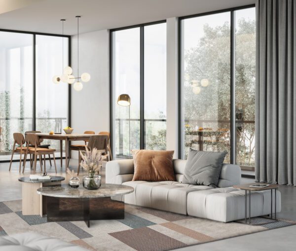 Luxurious modern interiors of a living room. 3D rendering of the furnished living room of an apartment.