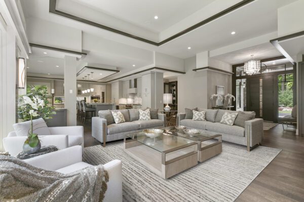 Modern furniture and decor in an open concept floor plan