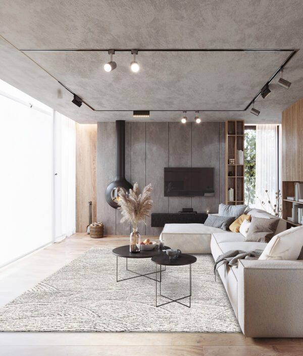 Living room with tv hanging on grey wall, white sofa and coffee table. 3d render image.